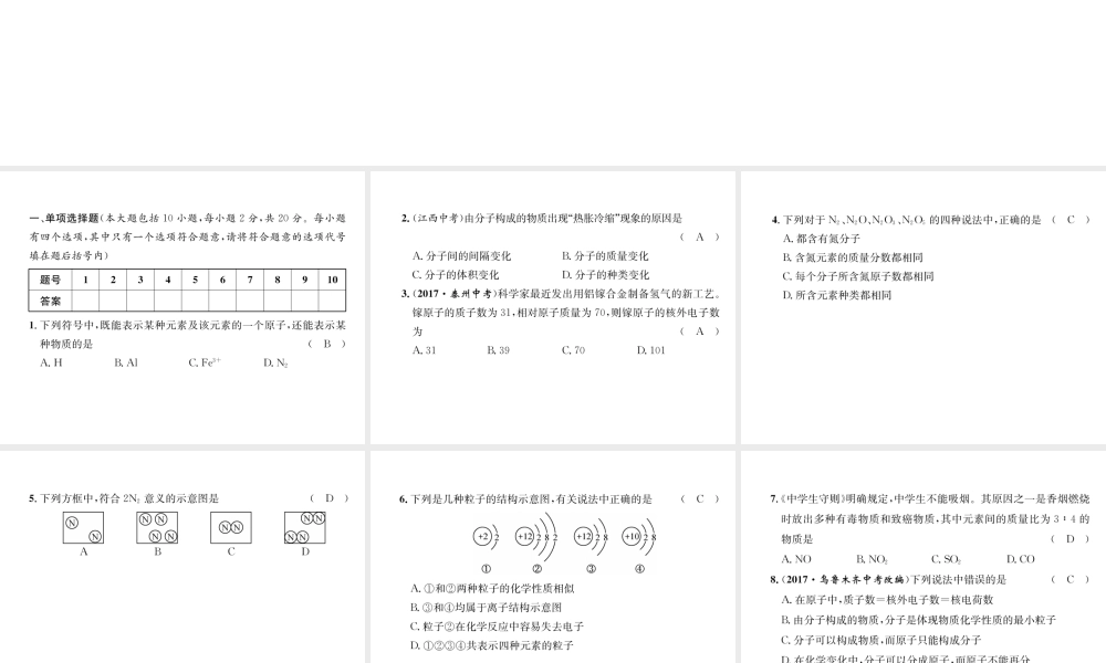 （江西专版）秋九年级化学上册 第3单元 物质构成的奥秘达标测试卷作业课件 （新版）新人教版-（新版）新人教版初中九年级上册化学课件