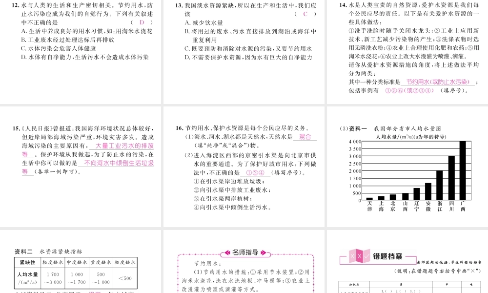 （江西专版）秋九年级化学上册 第4单元 自然界的水 4.1 爱护水资源作业课件 （新版）新人教版-（新版）新人教版初中九年级上册化学课件