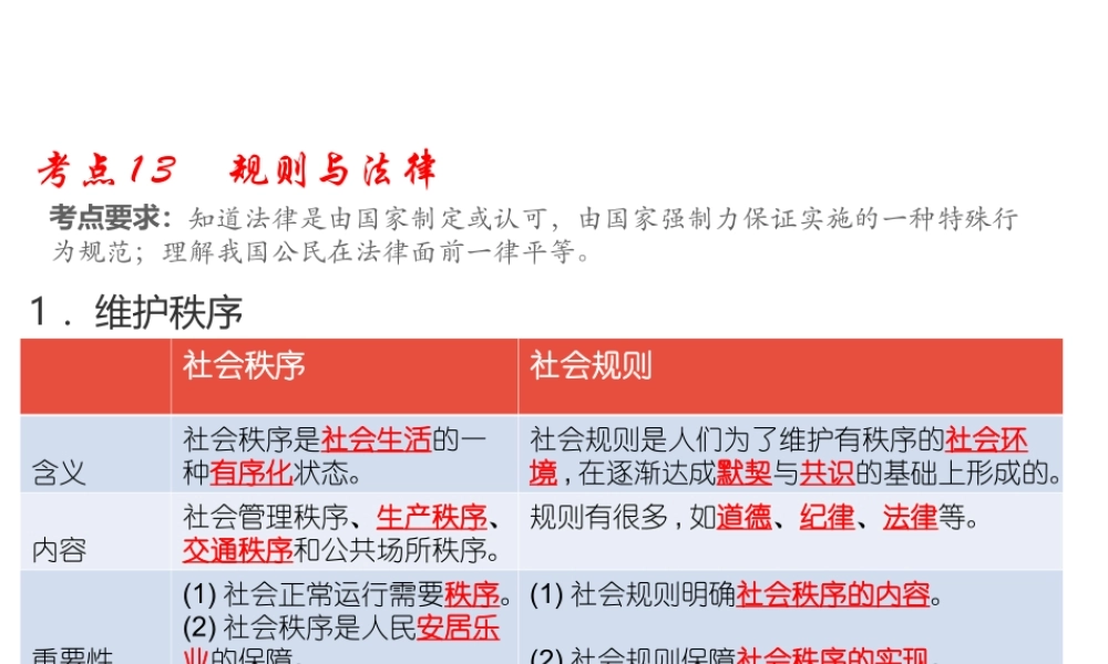（江西专用）中考道德与法治总复习 考点13 规则与法律课件-人教版初中九年级全册政治课件