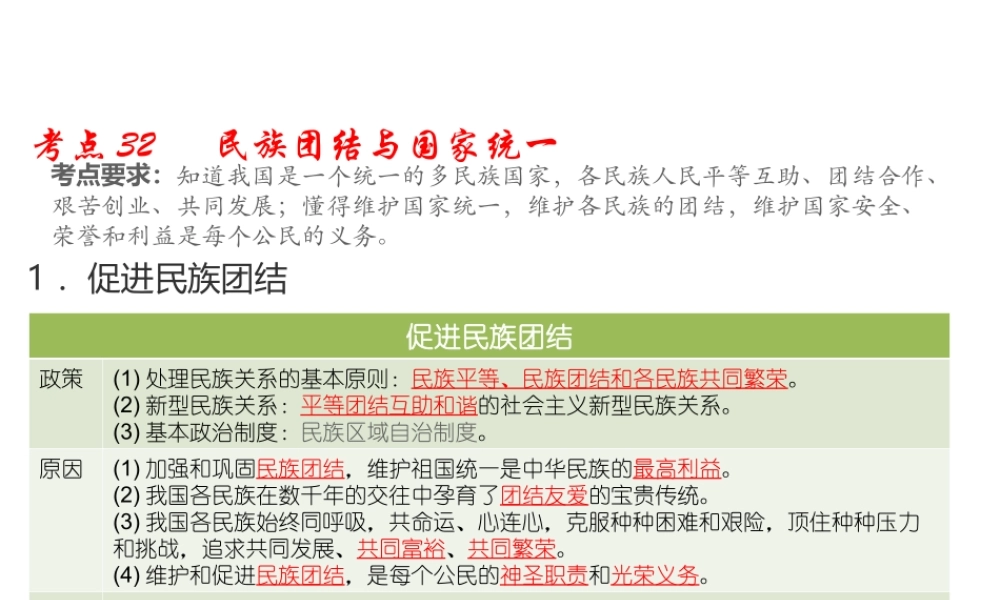 （江西专用）中考道德与法治总复习 考点32 民族团结与国家统一课件-人教版初中九年级全册政治课件