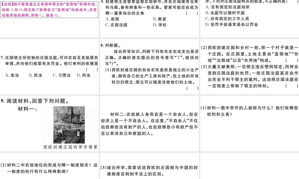 （江西专版）秋九年级历史上册 第三单元 封建时代的欧洲 第8课 西欧庄园习题课件 新人教版-新人教版初中九年级上册历史课件