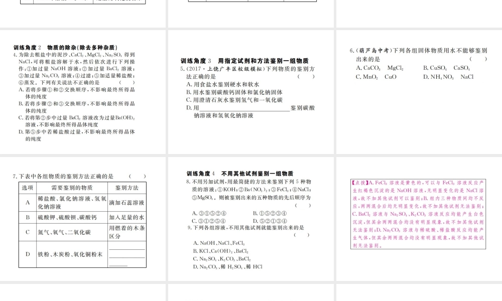 （江西专版）春九年级化学下册 第11单元 盐 化肥 专题训练（五）物质的除杂与鉴别课件 （新版）新人教版-（新版）新人教版初中九年级下册化学课件