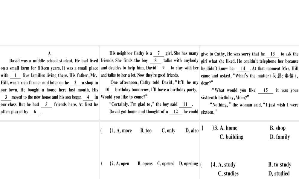 （江西专版）秋八年级英语上册 期末复习专项 专项二 完形填空习题课件 （新版）人教新目标版-（新版）人教新目标版初中八年级上册英语课件
