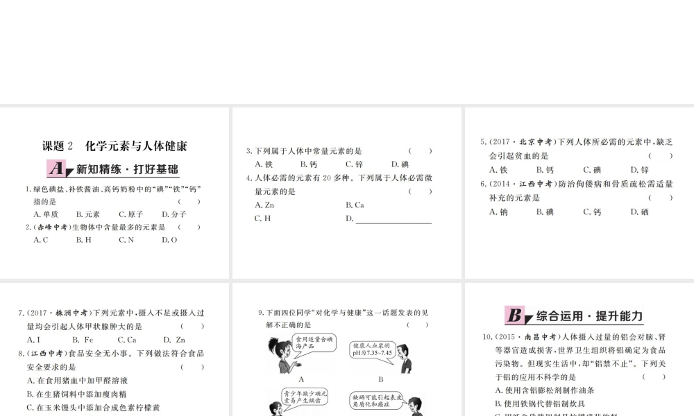 （江西专版）春九年级化学下册 第12单元 化学与生活 课题2 化学元素与人体健康课件 （新版）新人教版-（新版）新人教版初中九年级下册化学课件