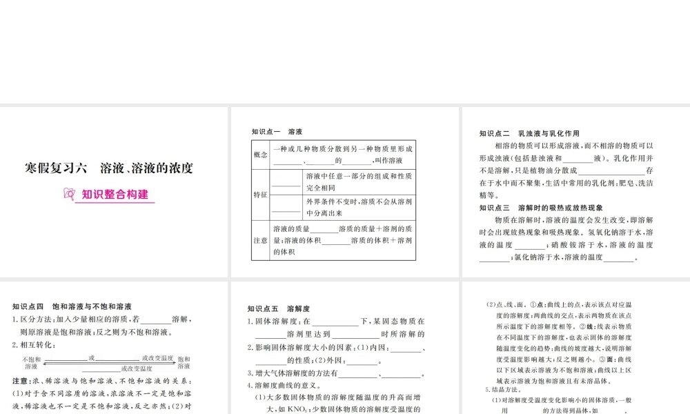 （江西专版）春九年级化学下册 寒假复习六 溶液、溶液的浓度课件 （新版）新人教版-（新版）新人教版初中九年级下册化学课件