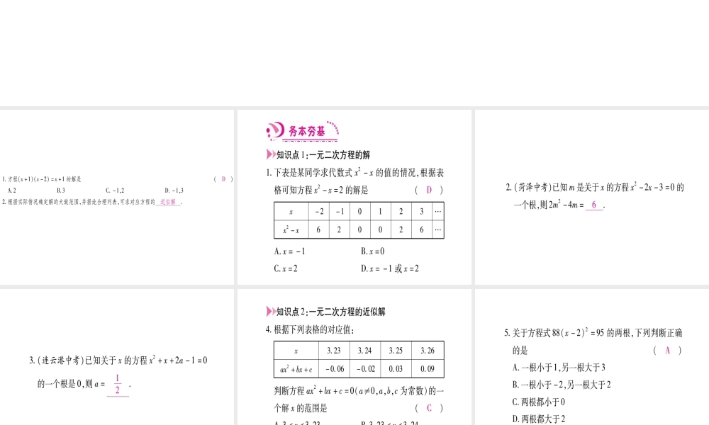 （江西专版）秋九年级数学上册 第2章 一元二次方程 2.1 认识一元二次方程 第2课时 一元二次方程解的估算作业课件 （新版）北师大版-（新版）北师大版初中九年级上册数学课件