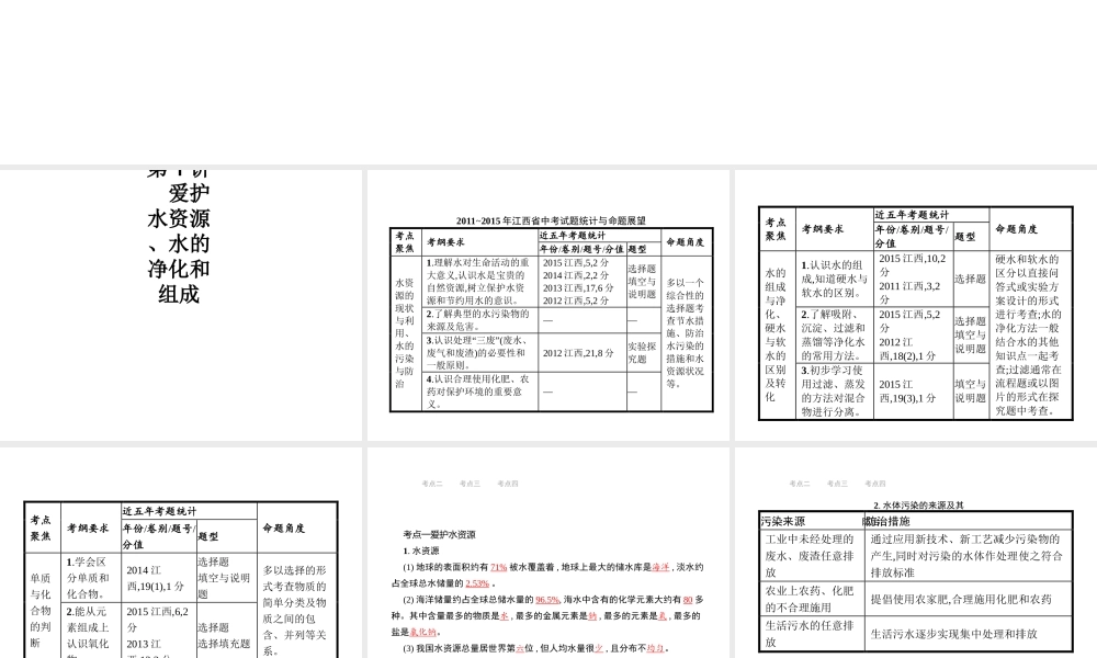（江西专用）中考化学总复习 第四单元 自然界的水 第1讲 爱护水资源、水的净化和组成课件-人教版初中九年级全册化学课件