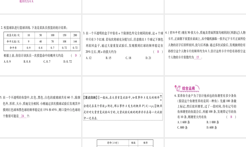 （江西专版）秋九年级数学上册 第3章 概率的进一步认识 3.2 用频率估计概率作业课件 （新版）北师大版-（新版）北师大版初中九年级上册数学课件