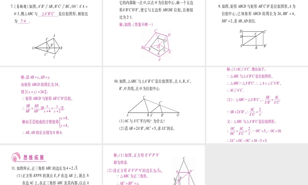 （江西专版）秋九年级数学上册 第4章 图形的相似 4.8 图形的位似 第1课时 位似图形及其画法作业课件 （新版）北师大版-（新版）北师大版初中九年级上册数学课件