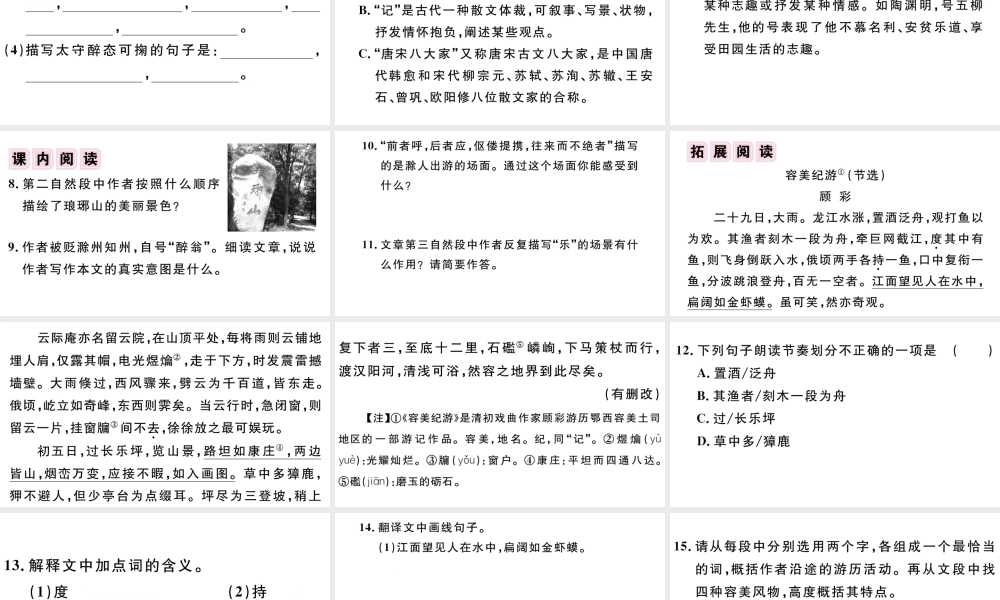 （江西专版）秋九年级语文上册 第三单元 11 醉翁亭记习题课件 新人教版-新人教版初中九年级上册语文课件