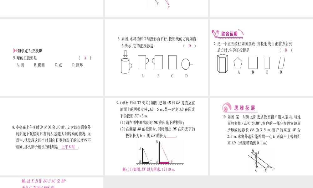 （江西专版）秋九年级数学上册 第5章 投影与视图 5.1 投影 第2课时 平行投影作业课件 （新版）北师大版-（新版）北师大版初中九年级上册数学课件