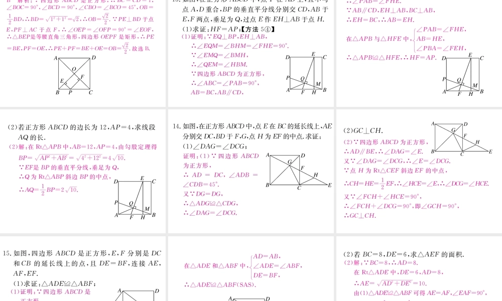 （江西专版）秋九年级数学上册 第一章 特殊平行四边形 1.3 正方形的性质与判定 第1课时 正方形的性质习题讲评课件 （新版）北师大版-（新版）北师大版初中九年级上册数学课件