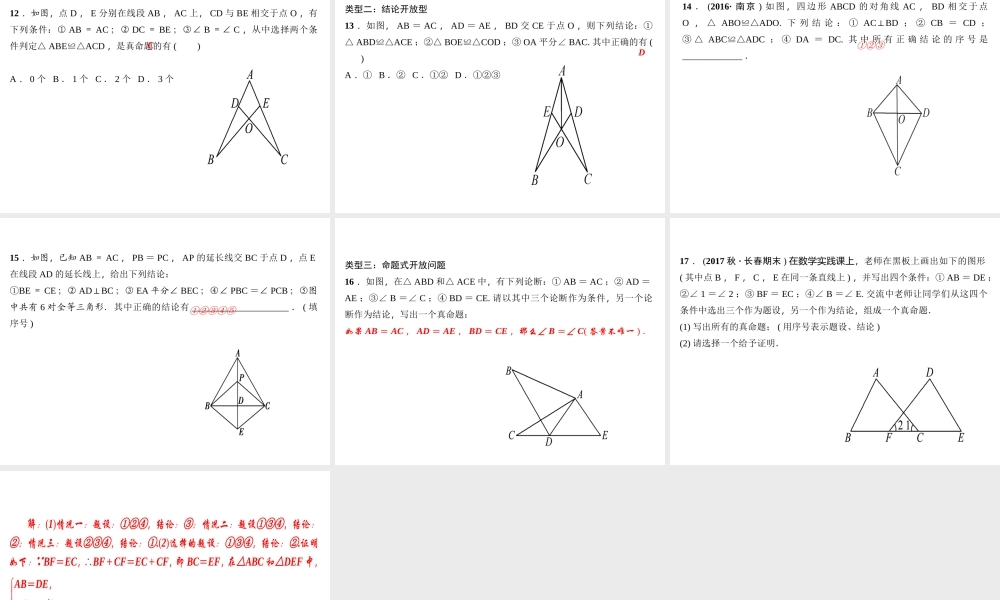 （河北专级数学上册 第十二章 全等三角形 专题训练（三）有关全等三角形的开放、探究题作业课件 （新版）新人教版-（新版）新人教级上册数学课件