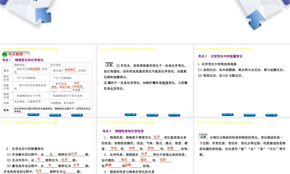 （河北专版）中考化学复习 第14课时 物质的变化与性质 认识几种化学反应课件-人教版初中九年级全册化学课件