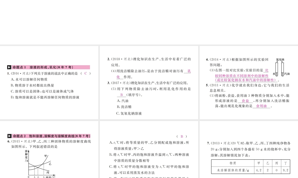 （河北专版）中考化学复习 主题一 身边的化学物质 第4讲 常见的溶液课件-人教版初中九年级全册化学课件