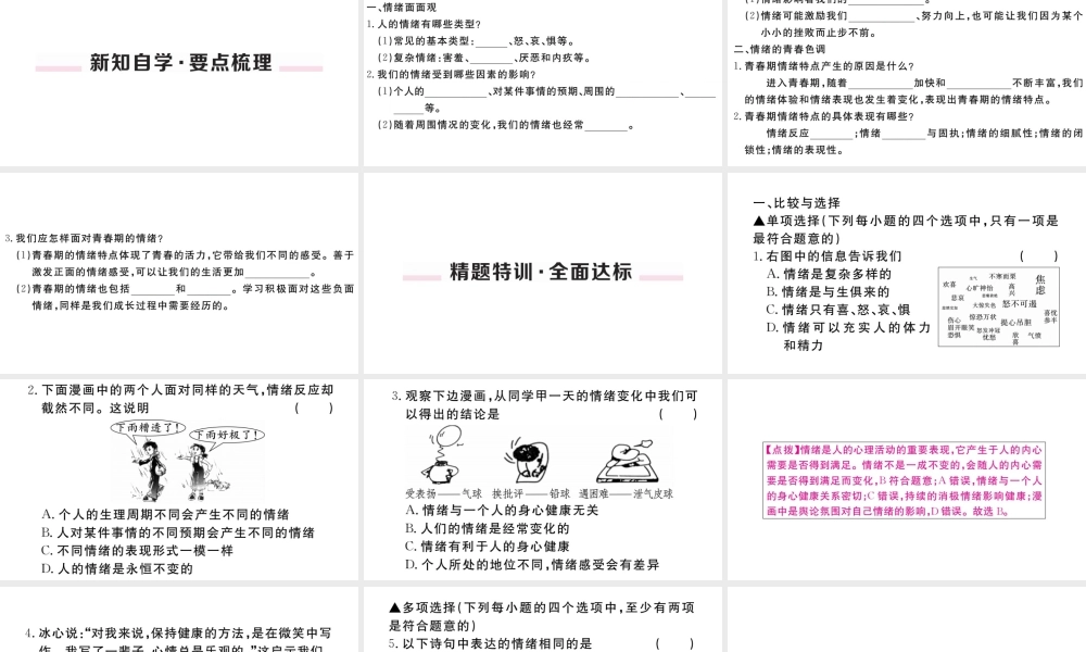 （河南专版）七年级道德与法治下册 第二单元 做情绪情感的主人 第四课 揭开情绪的面纱 第1框 青春的情绪习题课件 新人教版-新人教版初中七年级下册政治课件
