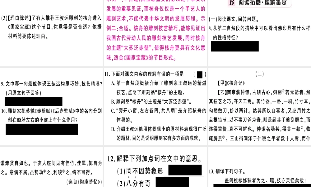（河南专版）春八年级语文下册 第三单元 11 核舟记习题课件 新人教版-新人教版初中八年级下册语文课件