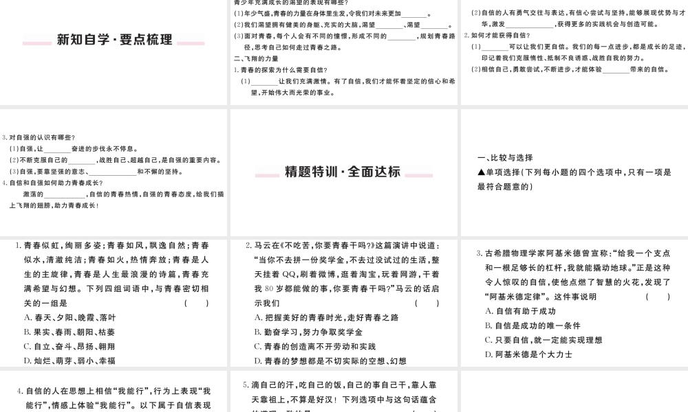 （河南专版）七年级道德与法治下册 第一单元 青春时光 第三课 青春的证明 第1框 青春飞扬习题课件 新人教版-新人教版初中七年级下册政治课件