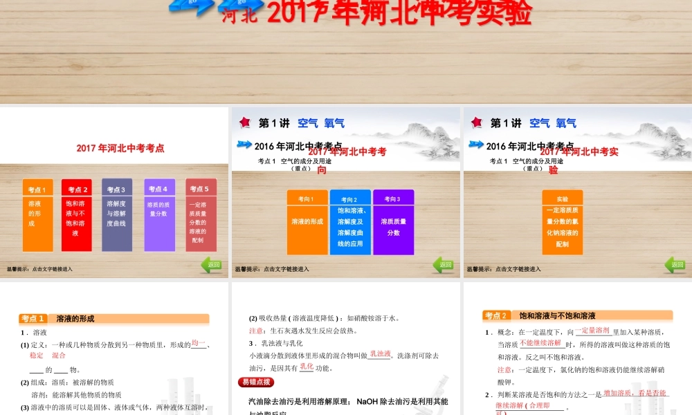 （河北专版）中考化学总复习 第1单元 身边的化学物质 第4讲 溶液课件-人教版初中九年级全册化学课件