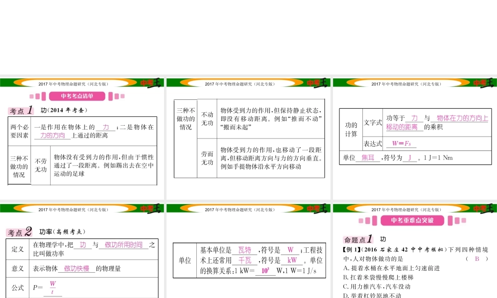 （河北专版）中考物理总复习 第一编 教材知识梳理 第八讲 功和机械能 课时1 功和功率课件-人教版初中九年级全册物理课件