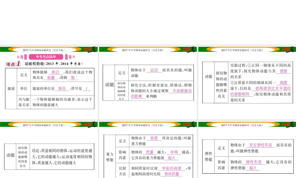 （河北专版）中考物理总复习 第一编 教材知识梳理 第八讲 功和机械能 课时2 动能和势能 机械能及其转化课件-人教版初中九年级全册物理课件