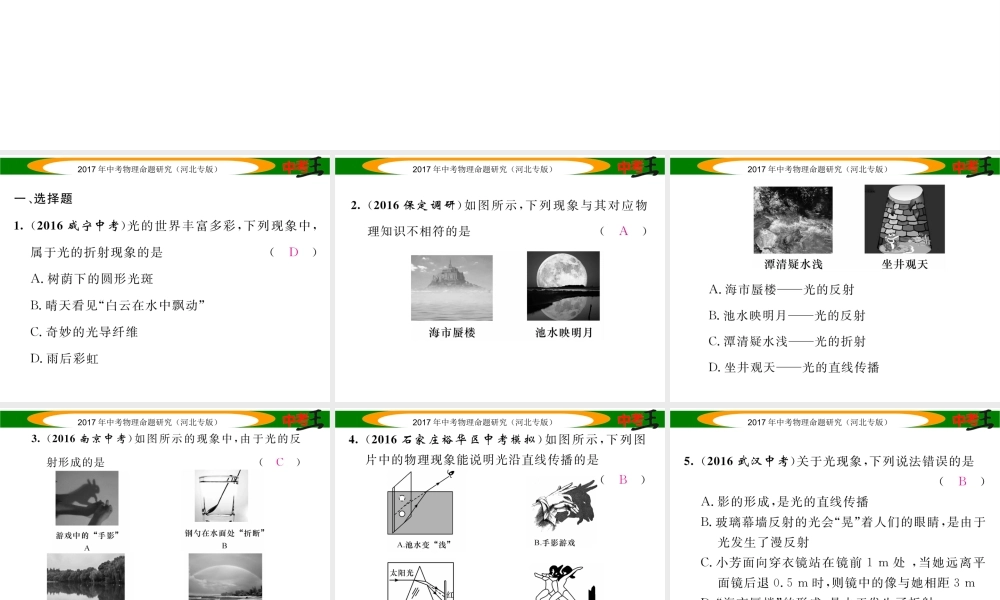 （河北专版）中考物理总复习 第一编 教材知识梳理 第二讲 光现象 优化训练2 光现象课件-人教版初中九年级全册物理课件