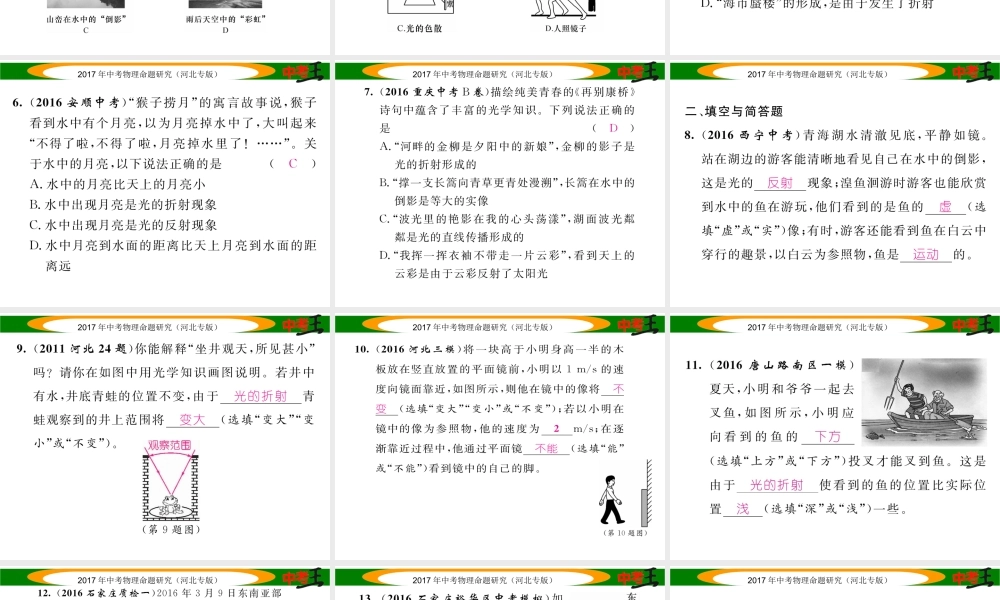 （河北专版）中考物理总复习 第一编 教材知识梳理 第二讲 光现象 优化训练2 光现象课件-人教版初中九年级全册物理课件