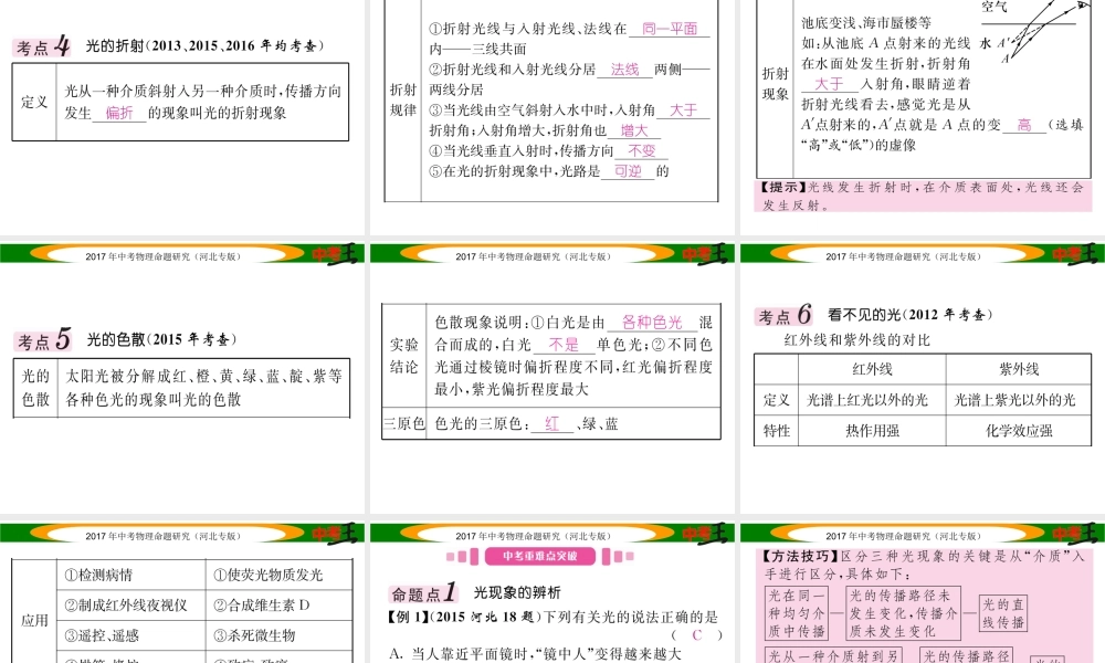 （河北专版）中考物理总复习 第一编 教材知识梳理 第二讲 光现象课件-人教版初中九年级全册物理课件