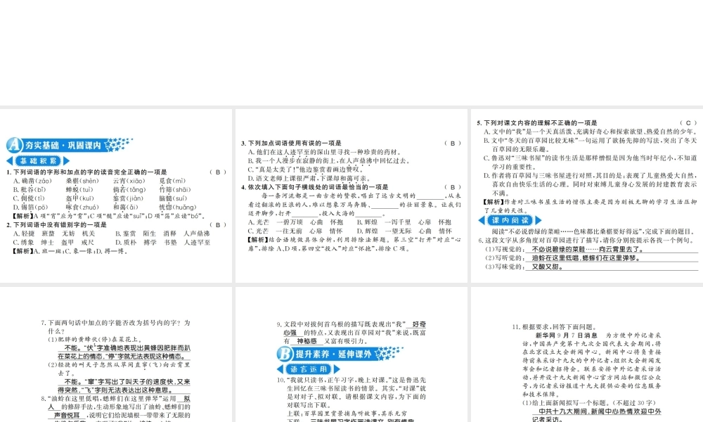 （河南专版）七年级语文上册 第三单元 第9课 从百草园到三味书屋习题课件 新人教版-新人教版初中七年级上册语文课件