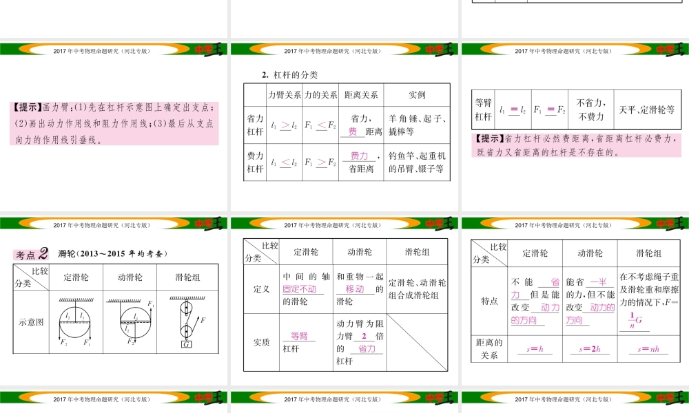 （河北专版）中考物理总复习 第一编 教材知识梳理 第九讲 简单机械 课时1 简单机械及其特点课件-人教版初中九年级全册物理课件