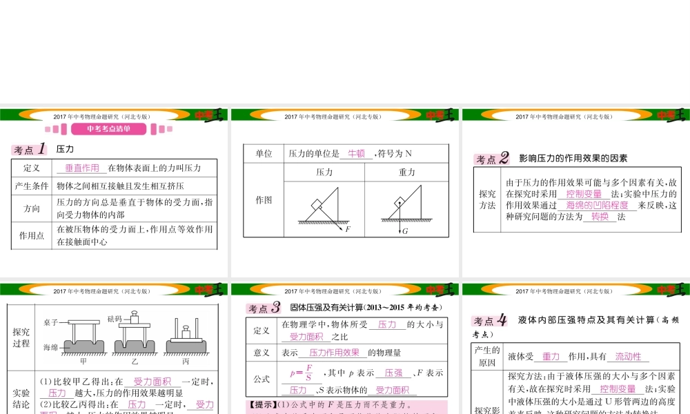 （河北专版）中考物理总复习 第一编 教材知识梳理 第六讲 压强 课时1 压强 液体的压强课件-人教版初中九年级全册物理课件