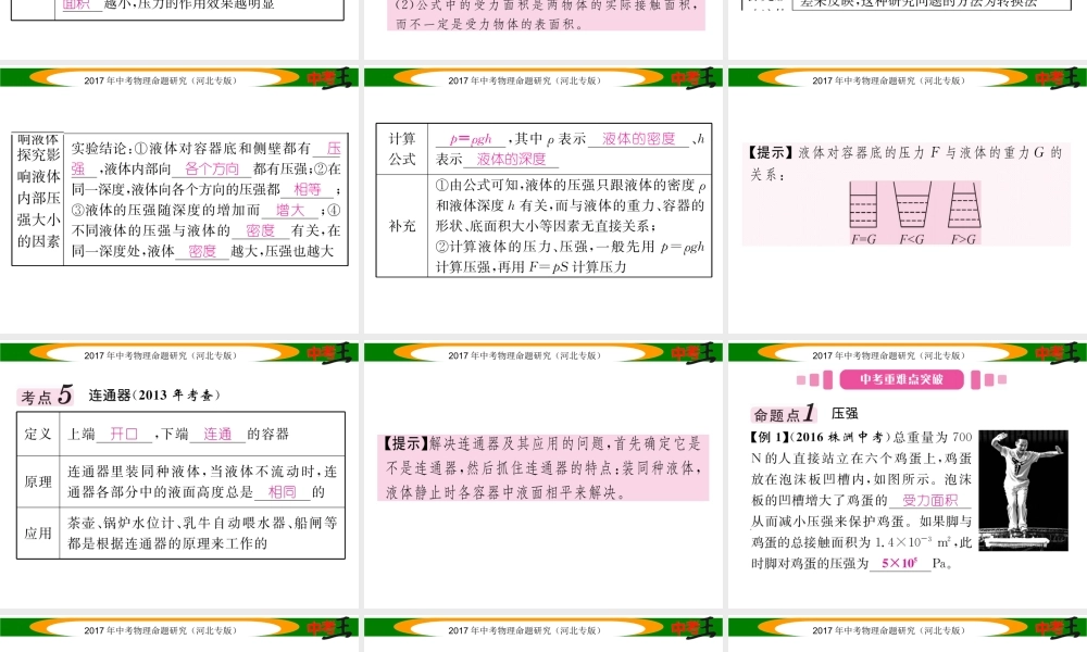 （河北专版）中考物理总复习 第一编 教材知识梳理 第六讲 压强 课时1 压强 液体的压强课件-人教版初中九年级全册物理课件