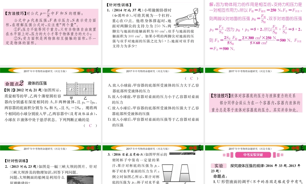 （河北专版）中考物理总复习 第一编 教材知识梳理 第六讲 压强 课时1 压强 液体的压强课件-人教版初中九年级全册物理课件