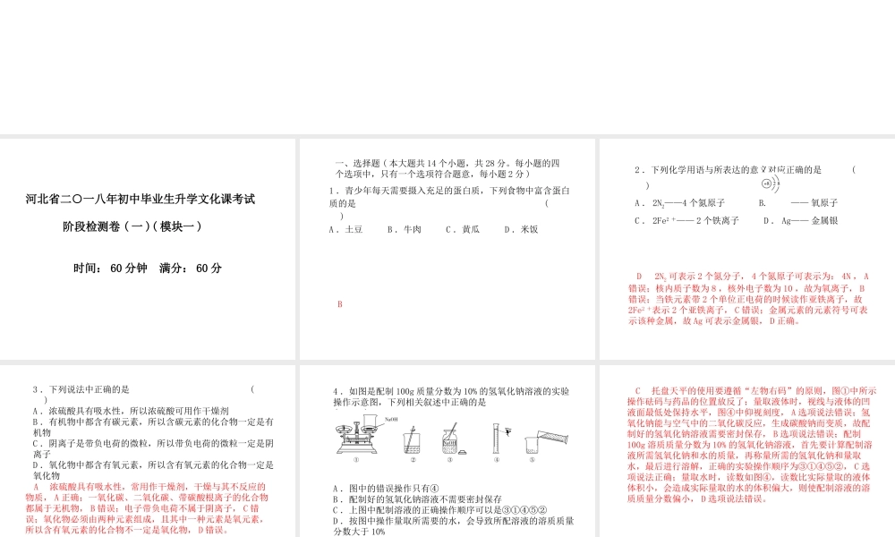（河北专版）中考化学总复习 第三部分 模拟检测 冲刺中考 阶段检测卷（一）课件 新人教版-新人教版初中九年级全册化学课件