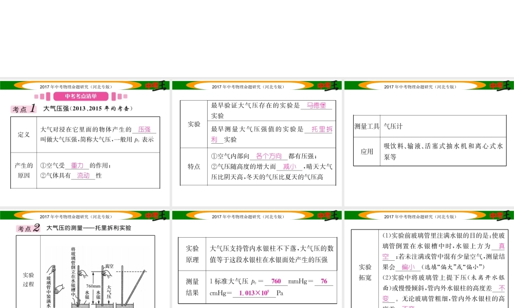 （河北专版）中考物理总复习 第一编 教材知识梳理 第六讲 压强 课时2 大气压强 流体压强与流速的关系课件-人教版初中九年级全册物理课件