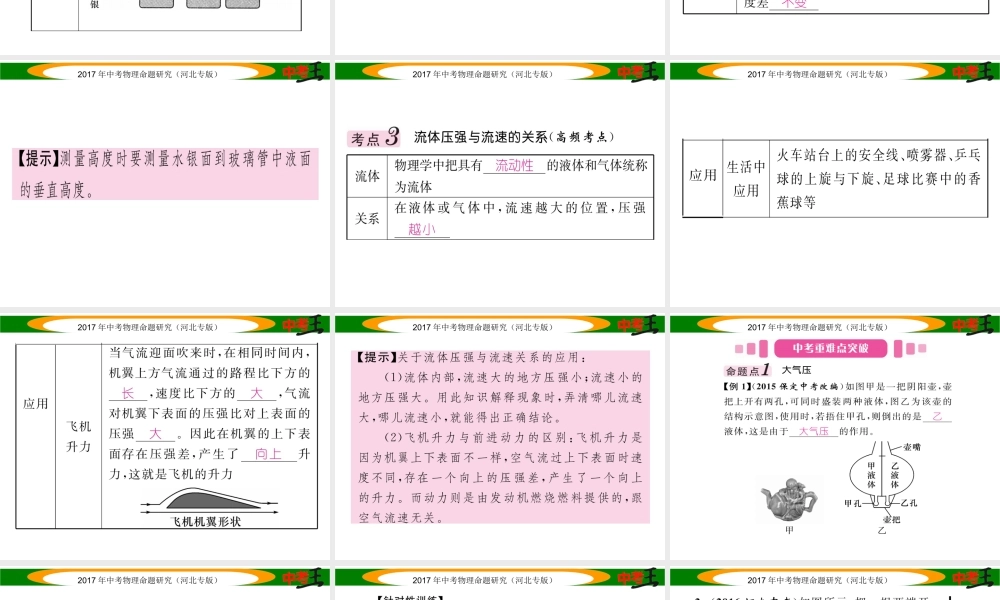 （河北专版）中考物理总复习 第一编 教材知识梳理 第六讲 压强 课时2 大气压强 流体压强与流速的关系课件-人教版初中九年级全册物理课件