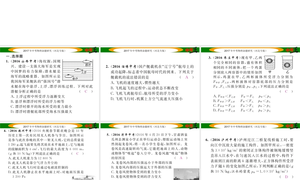 （河北专版）中考物理总复习 第一编 教材知识梳理 第七讲 浮力 优化训练10 浮力课件-人教版初中九年级全册物理课件
