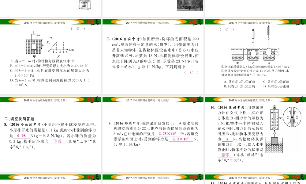 （河北专版）中考物理总复习 第一编 教材知识梳理 第七讲 浮力 优化训练10 浮力课件-人教版初中九年级全册物理课件