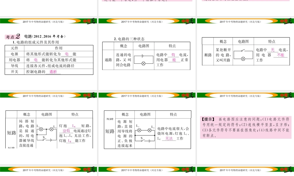 （河北专版）中考物理总复习 第一编 教材知识梳理 第十二讲 电流 电路 电压 电阻 课时1 电流 电路课件-人教版初中九年级全册物理课件