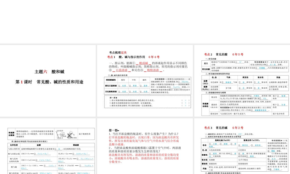 （河北专版）中考化学总复习 第一部分 系统复习 成绩基石 模块一 身边的化学物质 主题六 酸和碱 第1课时 常见酸、碱的性质和用途课件 新人教版-新人教版初中九年级全册化学课件