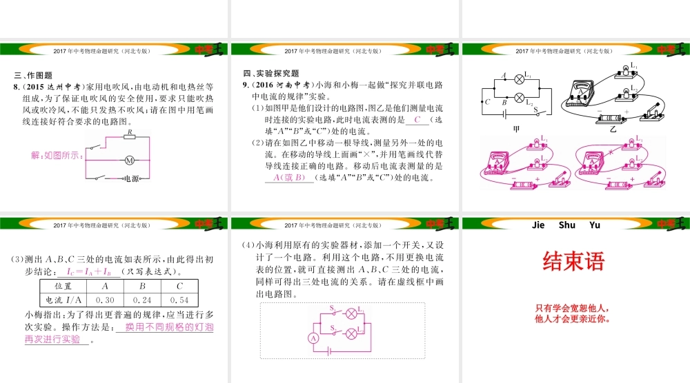 （河北专版）中考物理总复习 第一编 教材知识梳理 第十二讲 电流 电路 电压 电阻 优化训练18 电流 电路课件-人教版初中九年级全册物理课件