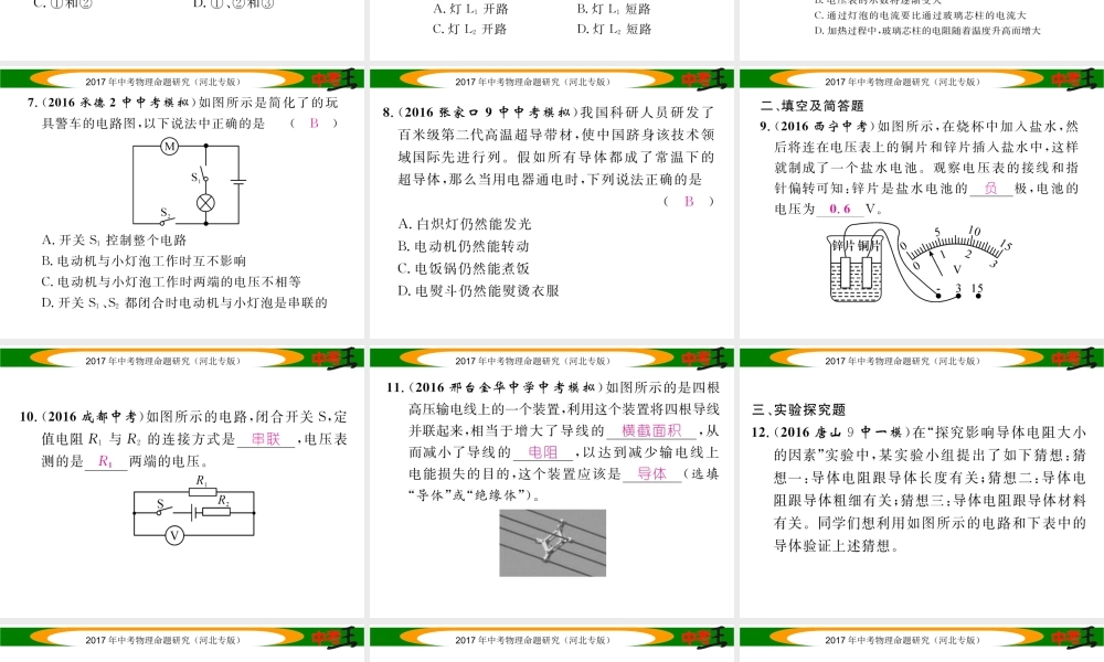 （河北专版）中考物理总复习 第一编 教材知识梳理 第十二讲 电流 电路 电压 电阻 优化训练19 电压 电阻课件-人教版初中九年级全册物理课件