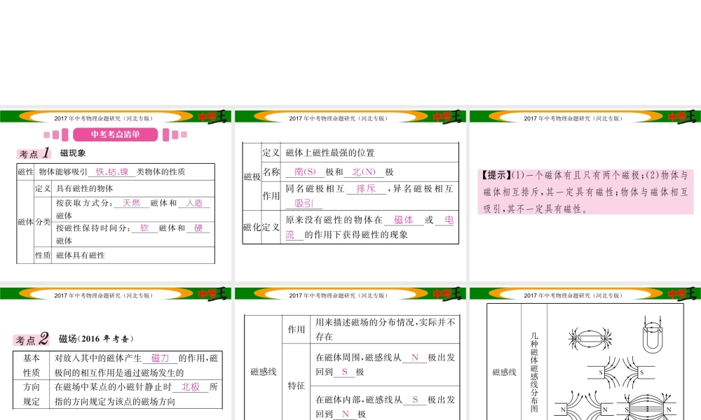 （河北专版）中考物理总复习 第一编 教材知识梳理 第十六讲 电与磁 课时1 磁现象 磁场 电磁铁课件-人教版初中九年级全册物理课件