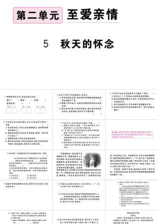 （河北专版）秋七年级语文上册 第二单元 5 秋天的怀念习题课件 新人教版-新人教版初中七年级上册语文课件