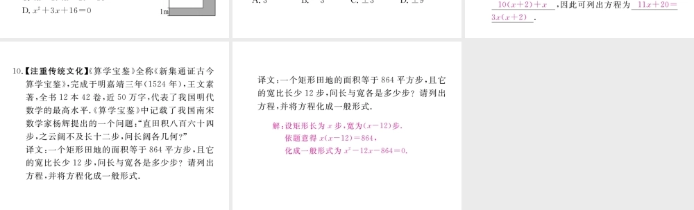 （河南专版）秋九年级数学上册 第二章 一元二次方程 2.1 认识一元二次方程 第1课时 一元二次方程习题讲评课件 （新版）北师大版-（新版）北师大版初中九年级上册数学课件