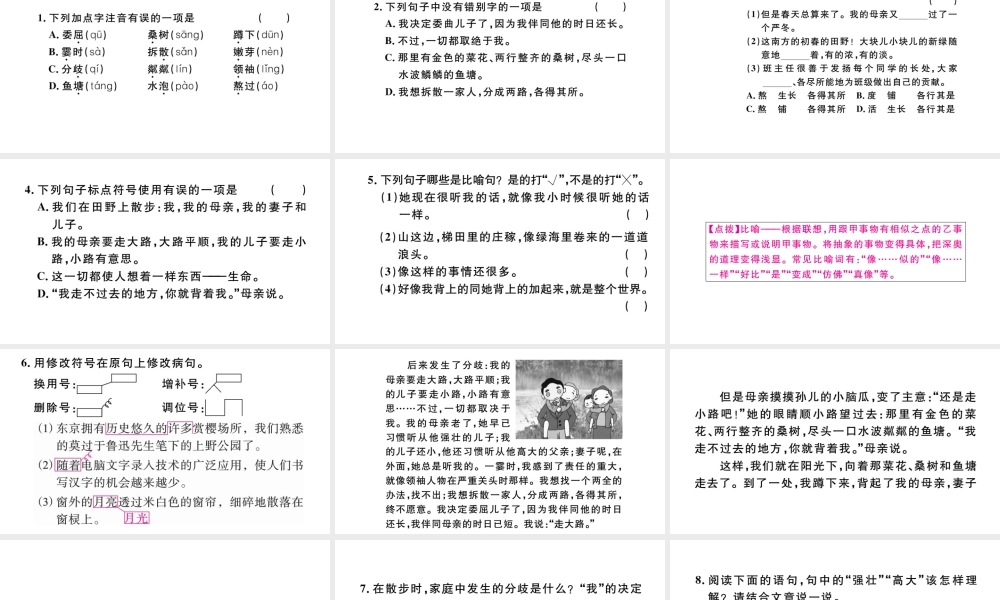 （河北专版）秋七年级语文上册 第二单元 6 散步习题课件 新人教版-新人教版初中七年级上册语文课件