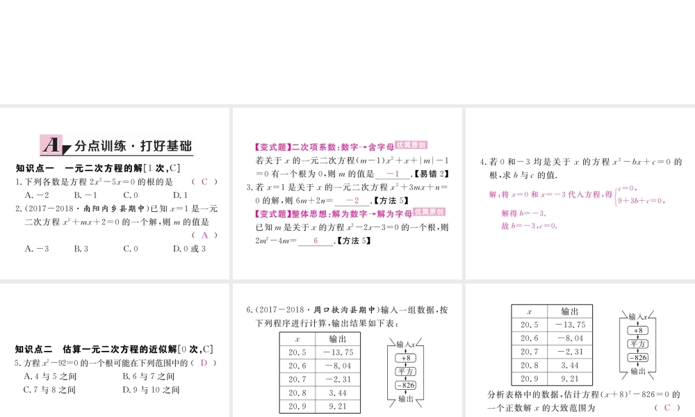 （河南专版）秋九年级数学上册 第二章 一元二次方程 2.1 认识一元二次方程 第2课时 一元二次方程的解及其估算习题讲评课件 （新版）北师大版-（新版）北师大版初中九年级上册数学课件