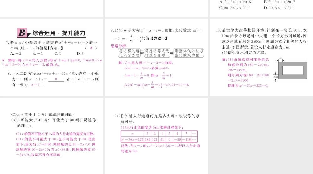 （河南专版）秋九年级数学上册 第二章 一元二次方程 2.1 认识一元二次方程 第2课时 一元二次方程的解及其估算习题讲评课件 （新版）北师大版-（新版）北师大版初中九年级上册数学课件