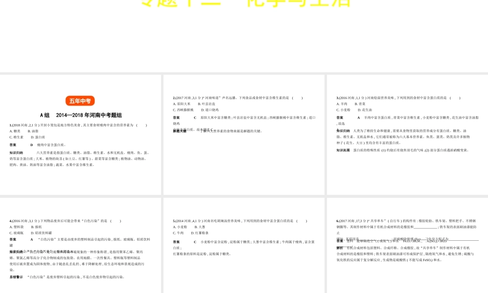 （河南专版）中考化学复习 专题十二 化学与生活（试卷部分）课件-人教版初中九年级全册化学课件