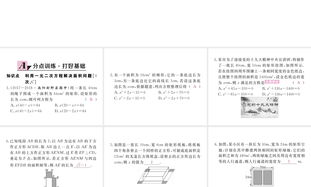 （河南专版）秋九年级数学上册 第二章 一元二次方程 2.3 用公式法求解一元二次方程 第2课时 利用一元二次方程解决面积问题习题讲评课件 （新版）北师大版-（新版）北师大版初中九年级上册数学课件